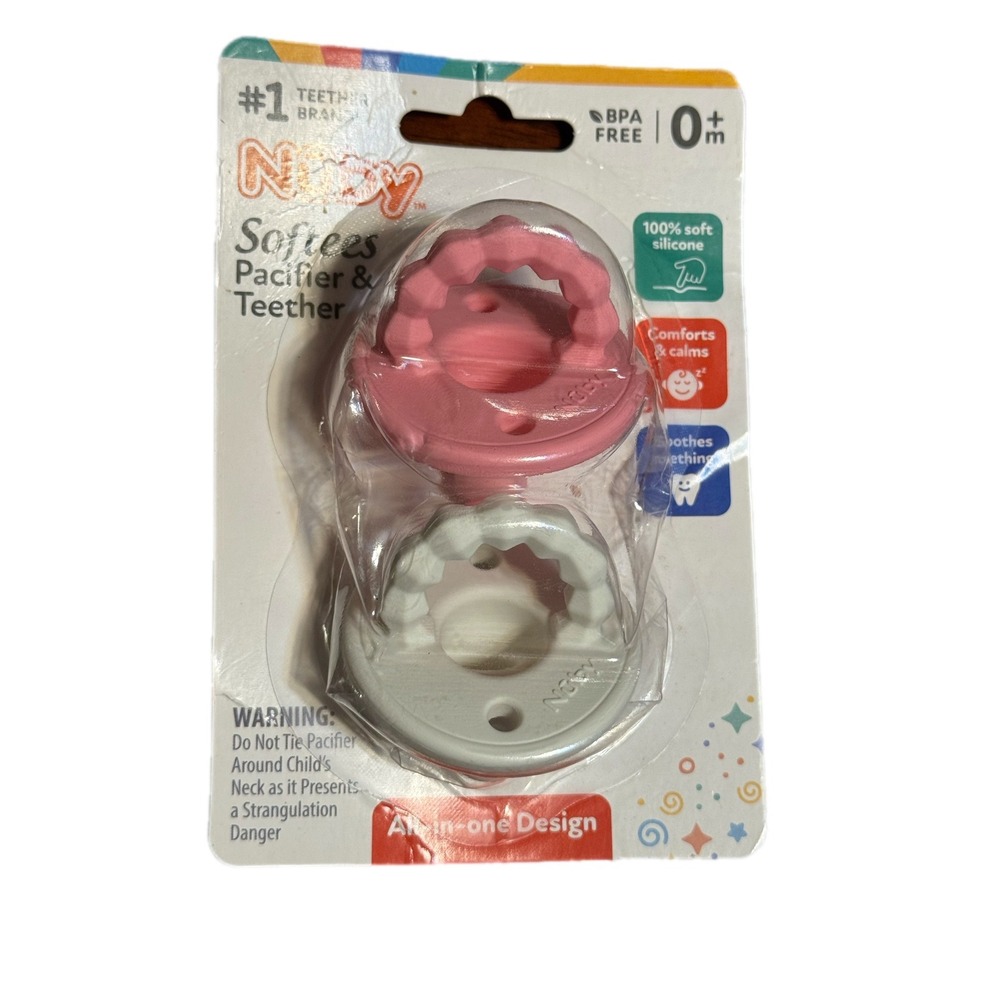 Nuby Softees Pacifier Teether Baby 0m+ Pink Grey New‎ Silicone All-In-One Design